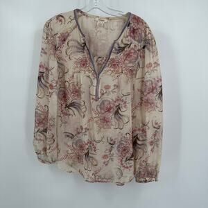 Sundance Womens L Silk Beaded Sequin Sheer Boho Floral‎ Tunic Top Peasant